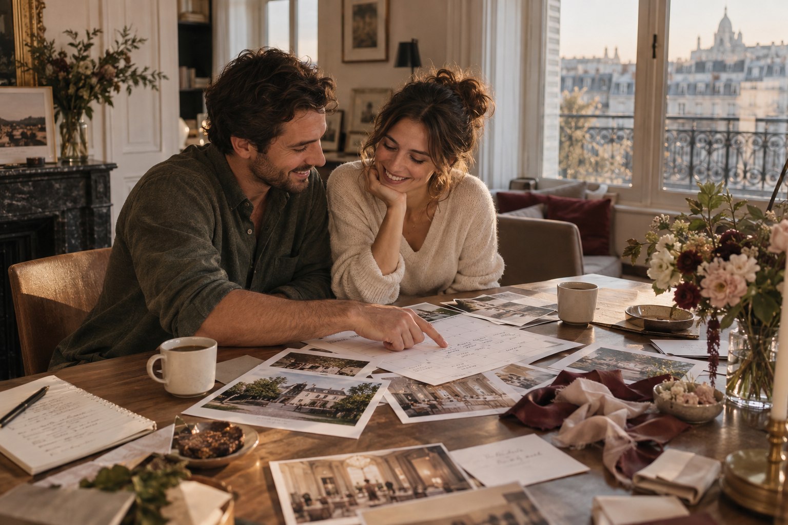 Un couple prépare son mariage ensemble autour de son calendrier